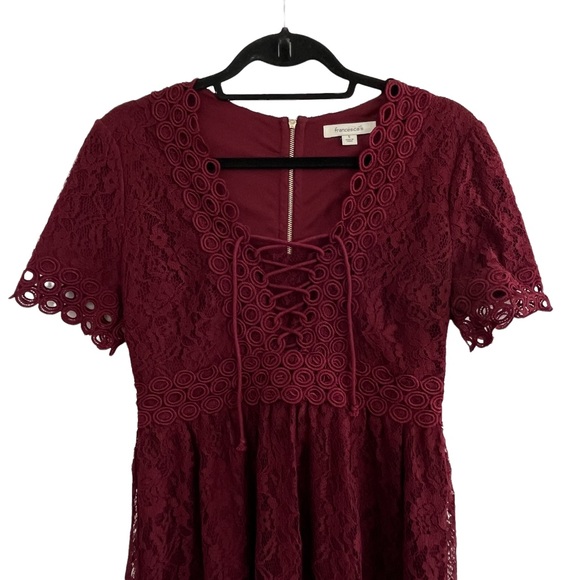 Francesca's Burgundy Lace Dress Size Small Fit and Flare Short Sleeves Lace Up - Picture 3 of 12
